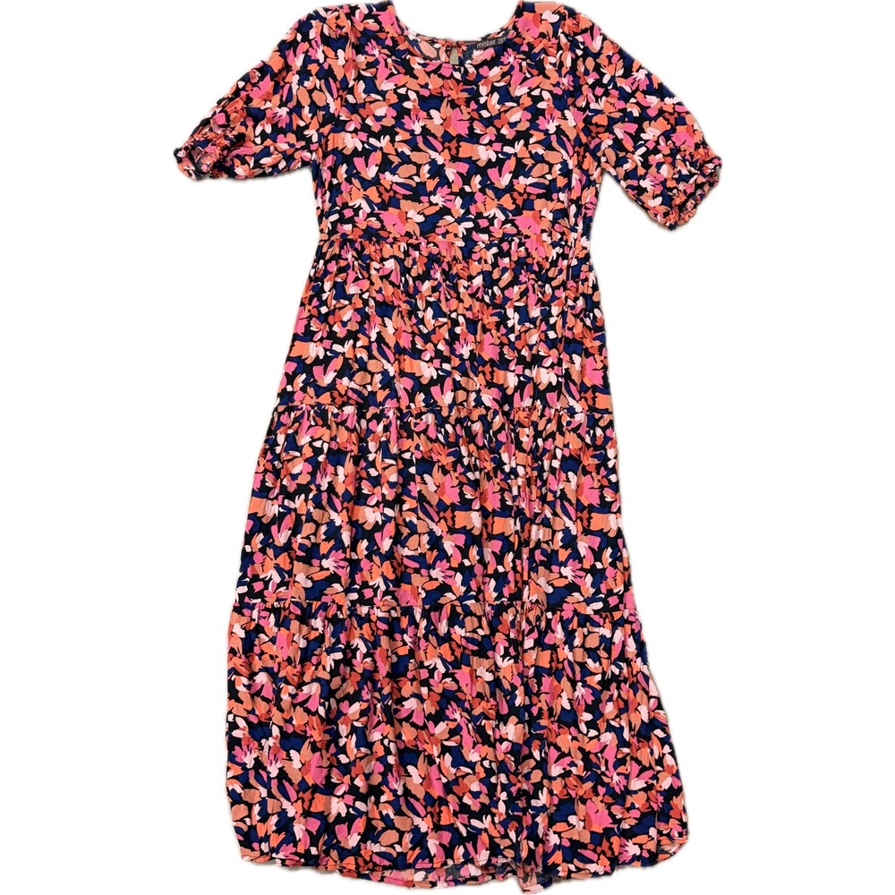 Mister Zimi Womens Pink Orange Floral Tiered Midi Dress Puff Sleeve Pockets US 8